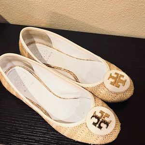 Tory Burch leather and raffia flats.